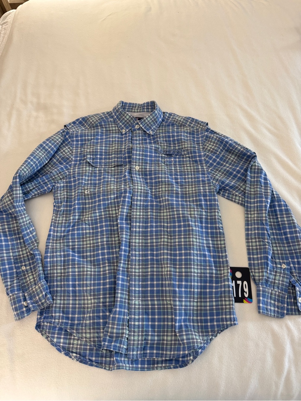 Vineyard Vines Blue & White Plaid Fishing Long-Sleeve Button-Down Shirt